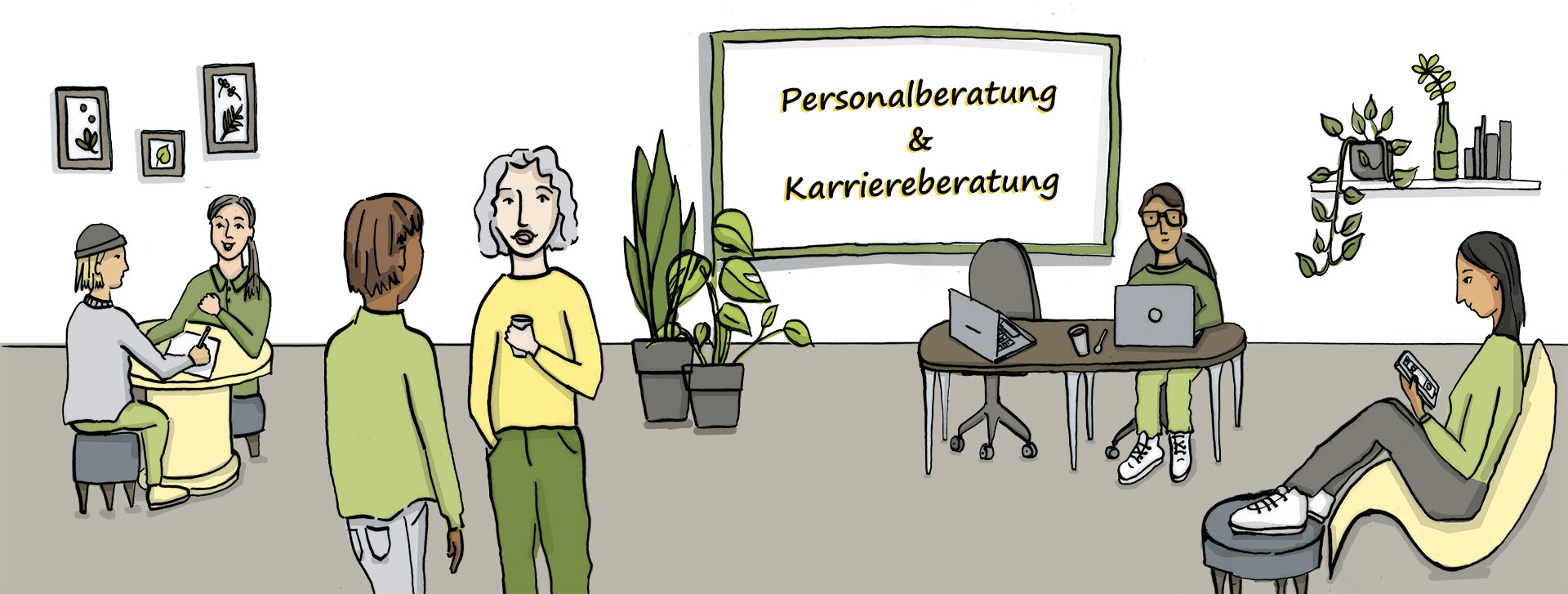 Eine gezeichnete Bürosituation.